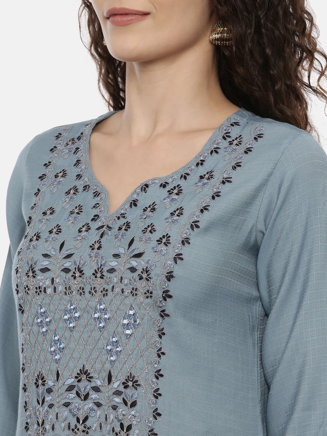 Neerus Ice Blue Color Slub Rayon Fabric Suit-Plazzo - Image 2