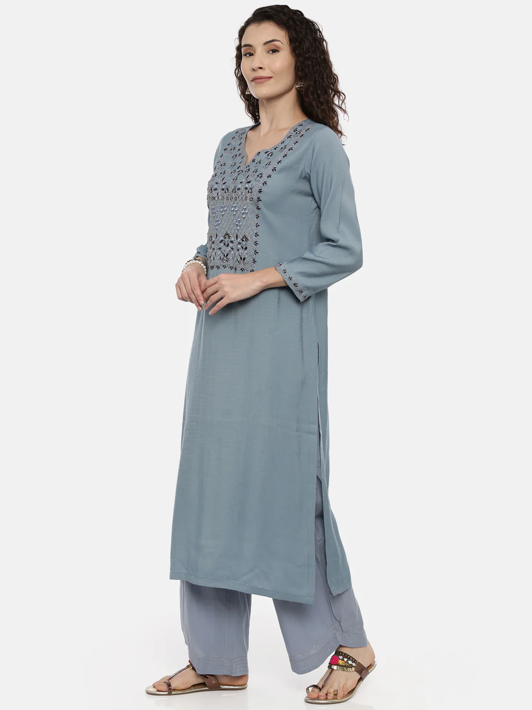 Neerus Ice Blue Color Slub Rayon Fabric Suit-Plazzo - Image 3