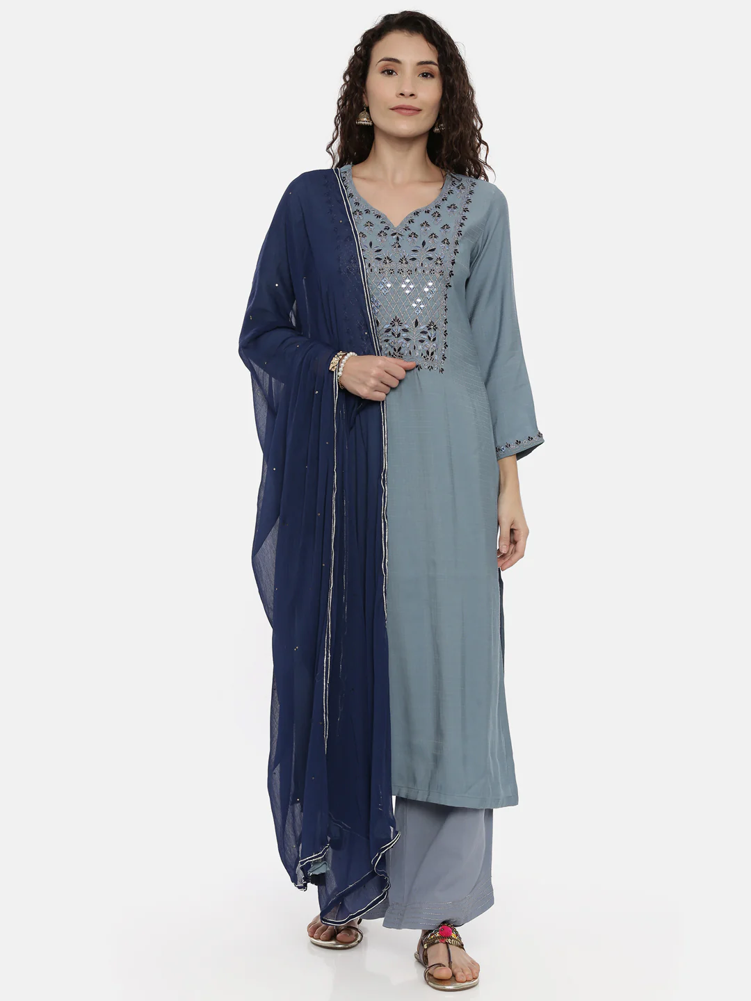 Neerus Ice Blue Color Slub Rayon Fabric Suit-Plazzo - Image 5