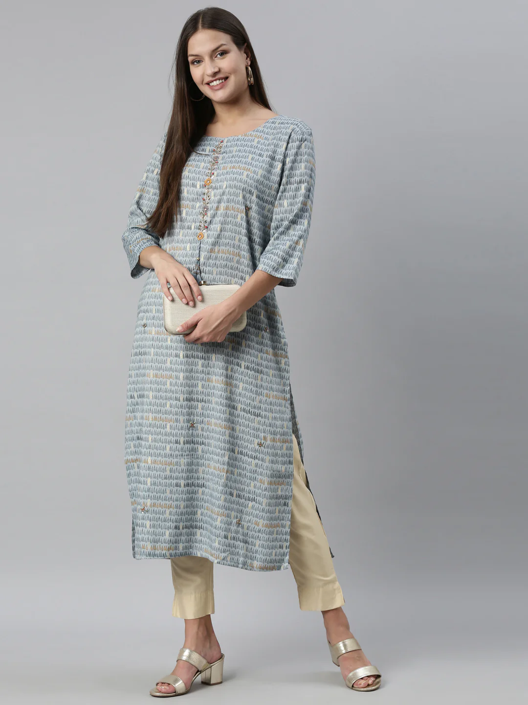 Neerus Indigo Color Slub Rayon Fabric Kurta - Image 6