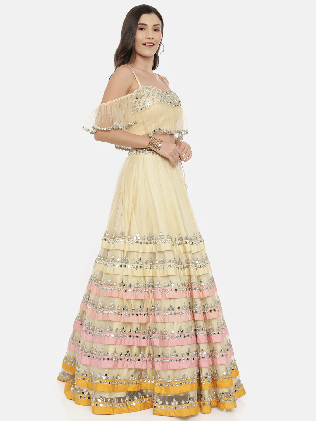 Neerus Ivory Color Nett Fabric Ghagra Set - Image 5