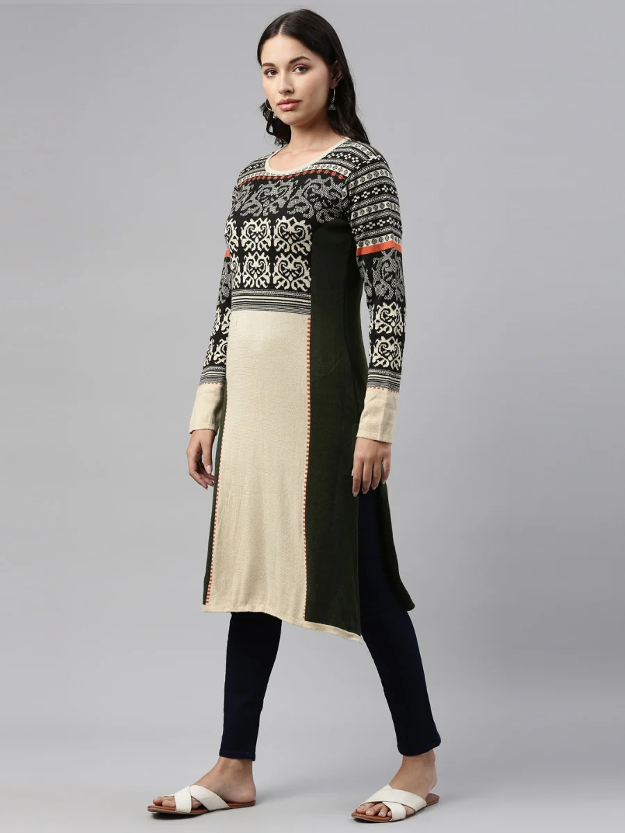 Neerus Ivory Color Undefined Fabric Kurtha Winter Wear - Image 4
