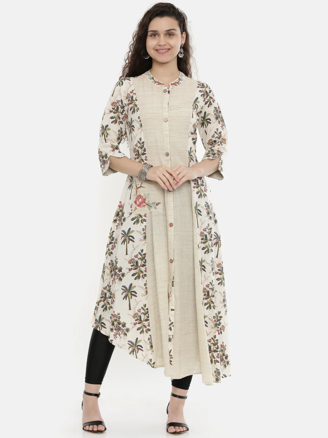 Neerus Ivory Printed High Low Kurta