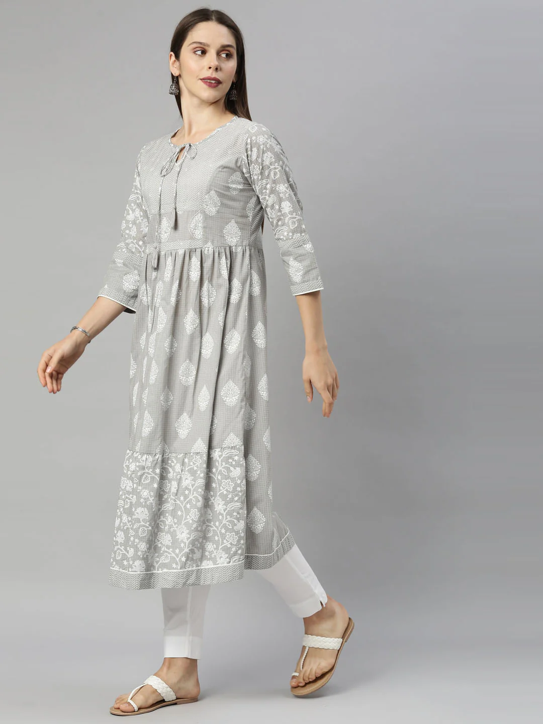 Neerus L Gray Color Cotton Fabric Tunic - Image 4