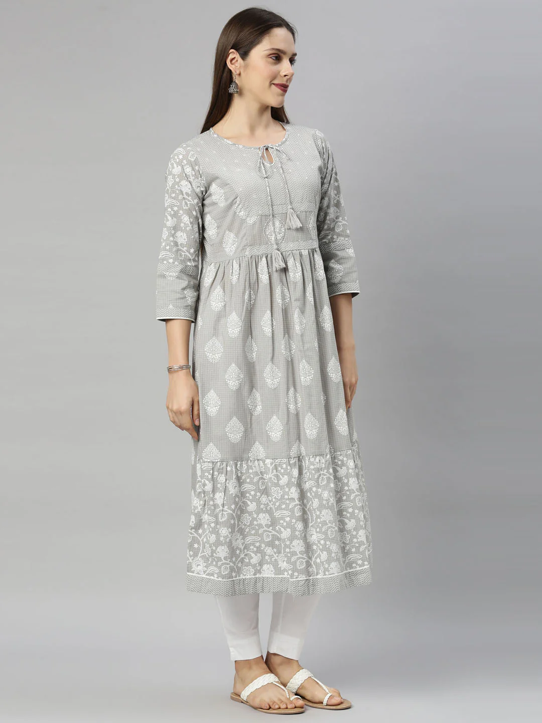 Neerus L Gray Color Cotton Fabric Tunic - Image 5