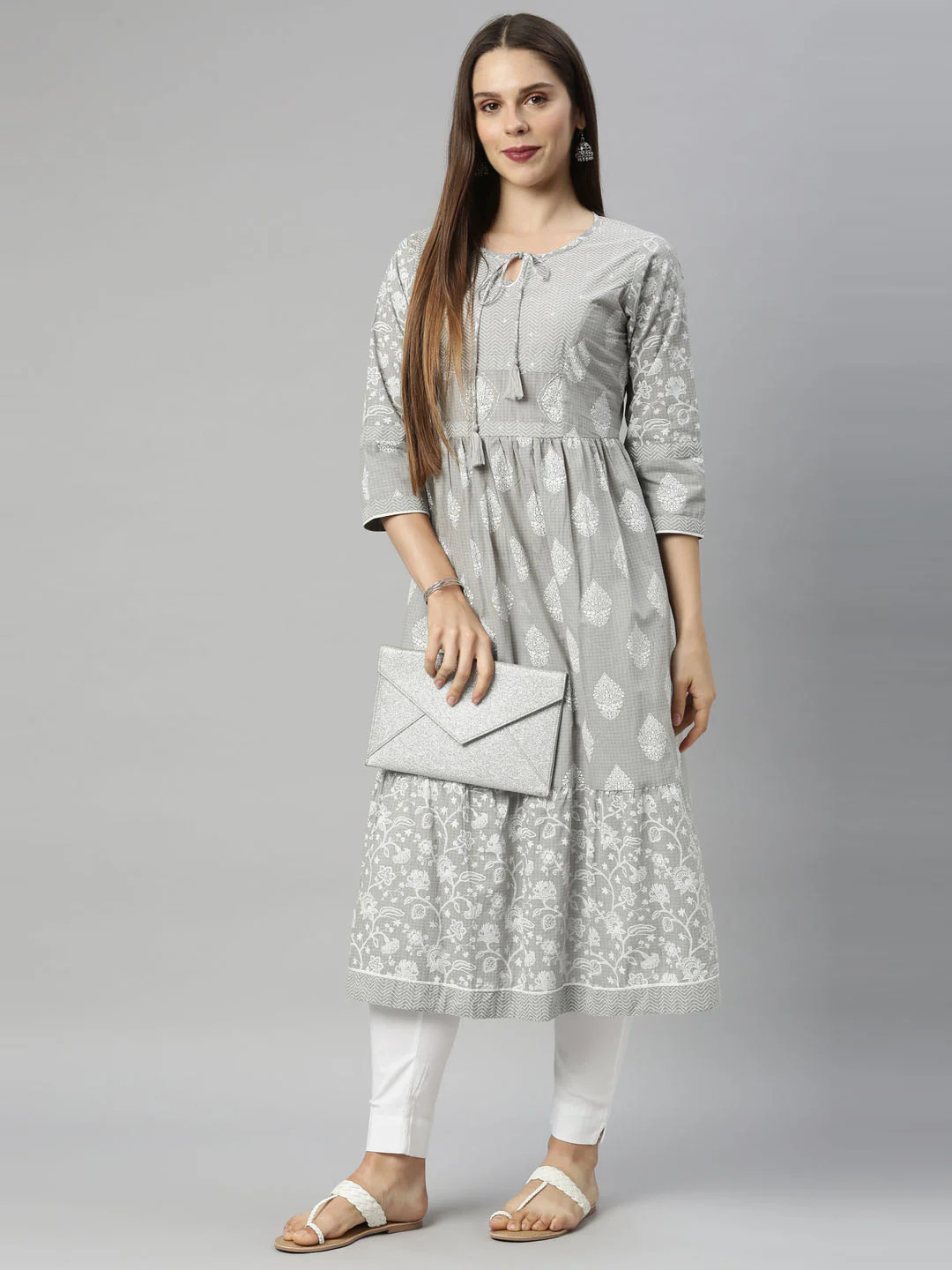 Neerus L Gray Color Cotton Fabric Tunic - Image 7