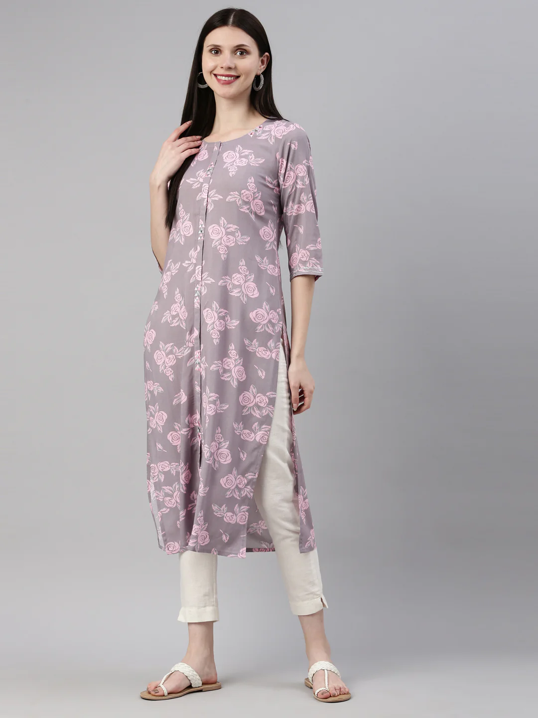 Neerus L Gray Color Rayon Fabric Kurta - Image 6