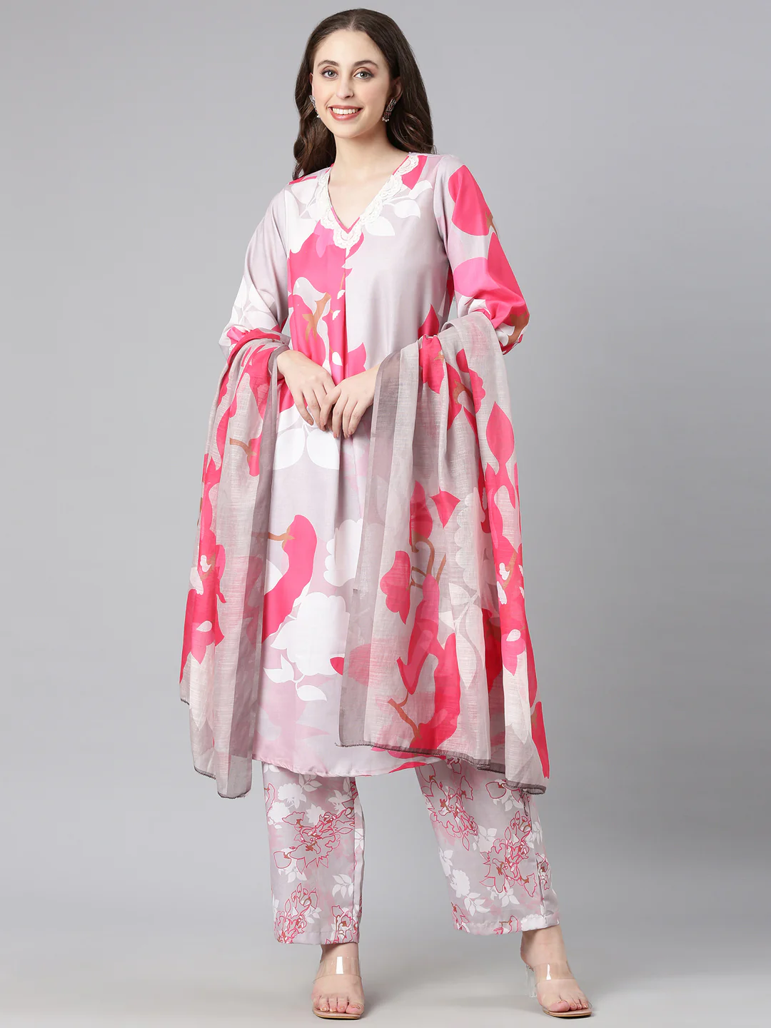 Neerus L gray Printed Straight Kurta and Trousers With Dupatta