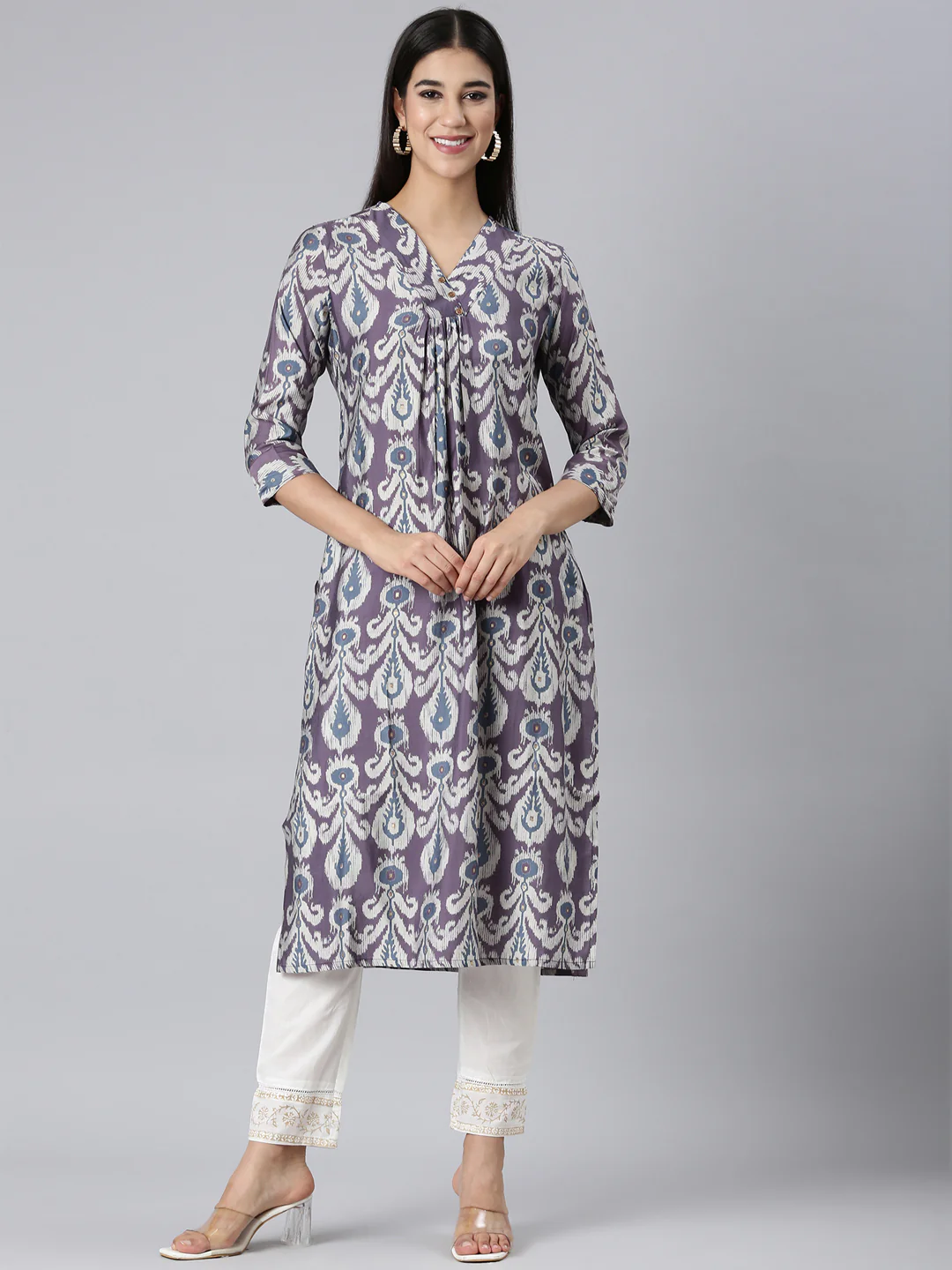 Neerus Lavender Casual Ethnic Motifs Straight Kurta