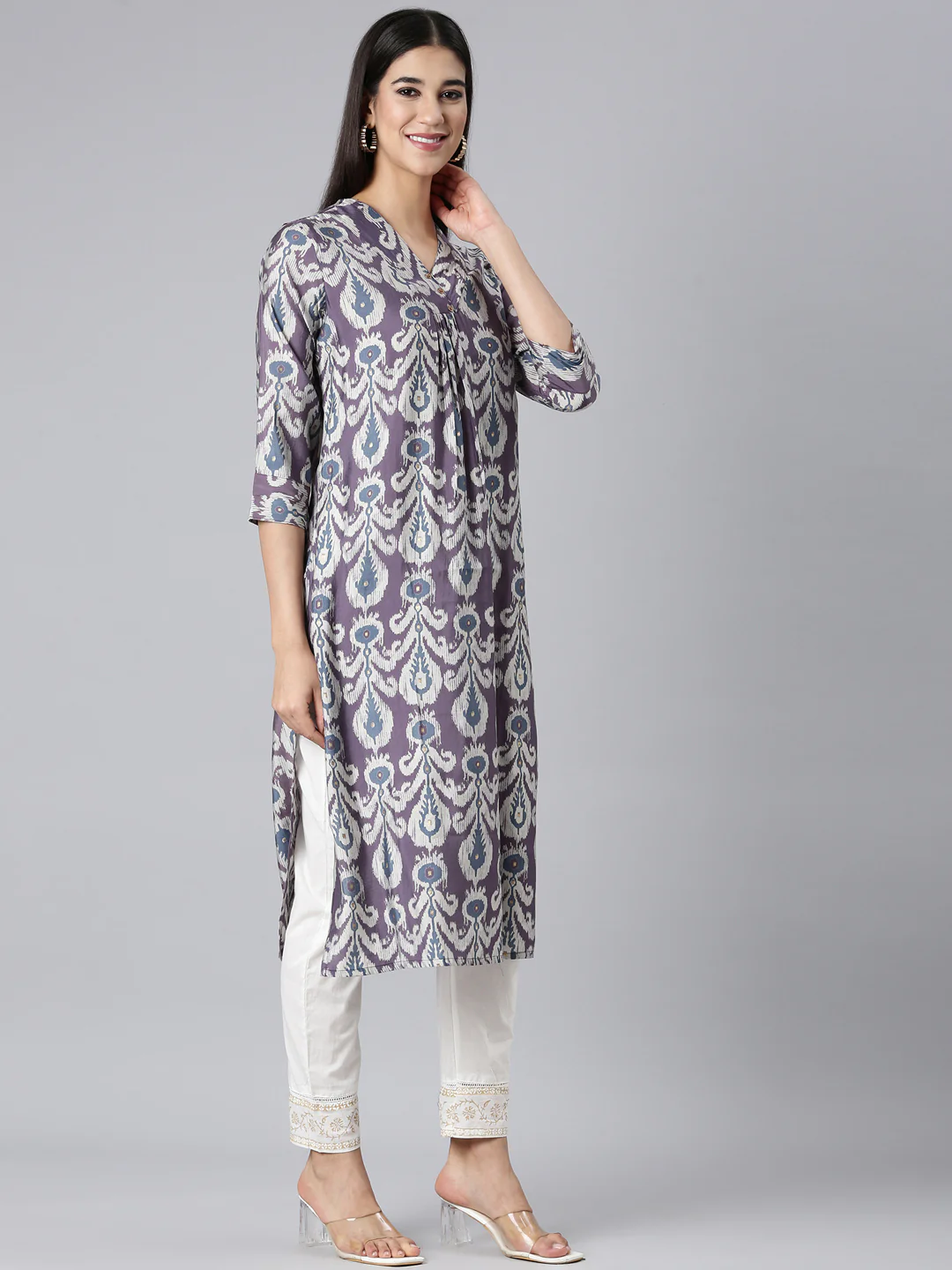 Neerus Lavender Casual Ethnic Motifs Straight Kurta - Image 2