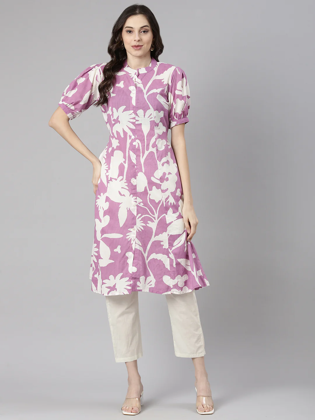 Neerus Lavender Casual Floral Straight Kurta - Image 5