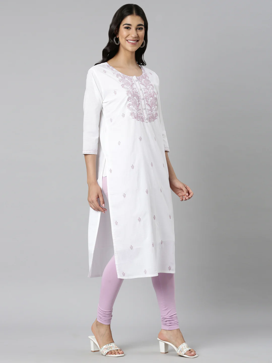 Neerus Lavender Casual Solid Straight Kurta - Image 3