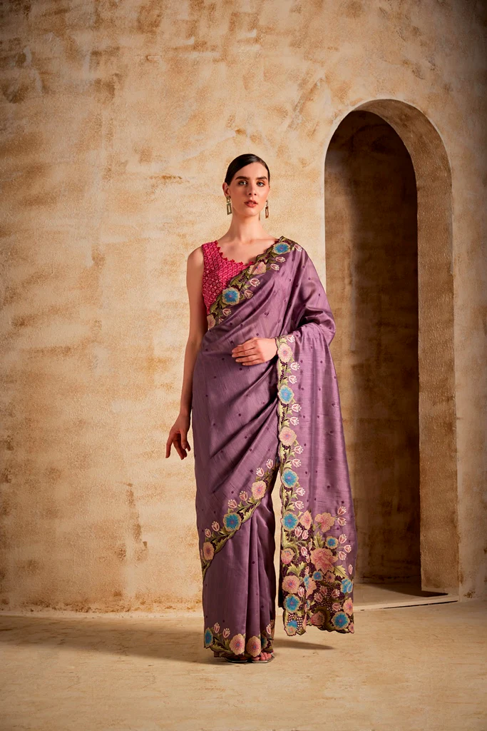 Neerus Lavender Color Dupion Fabric Saree