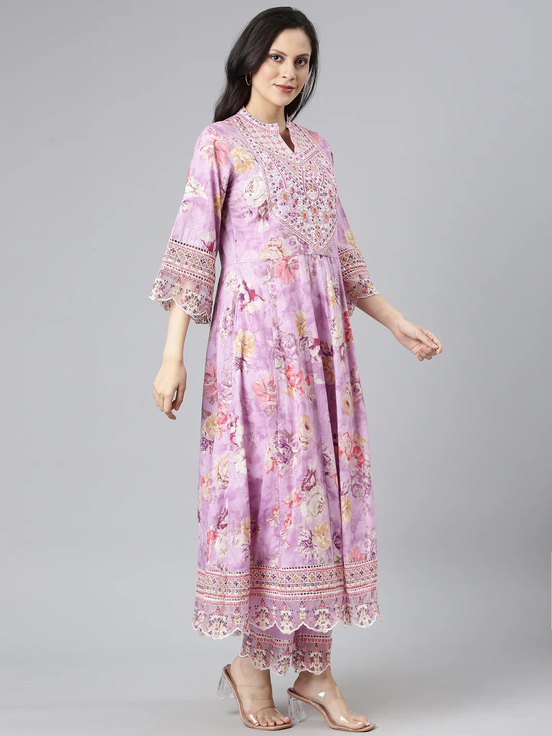 Neerus Lavender Embroidered Anarkali Kurta and Trousers With Dupatta - Image 2