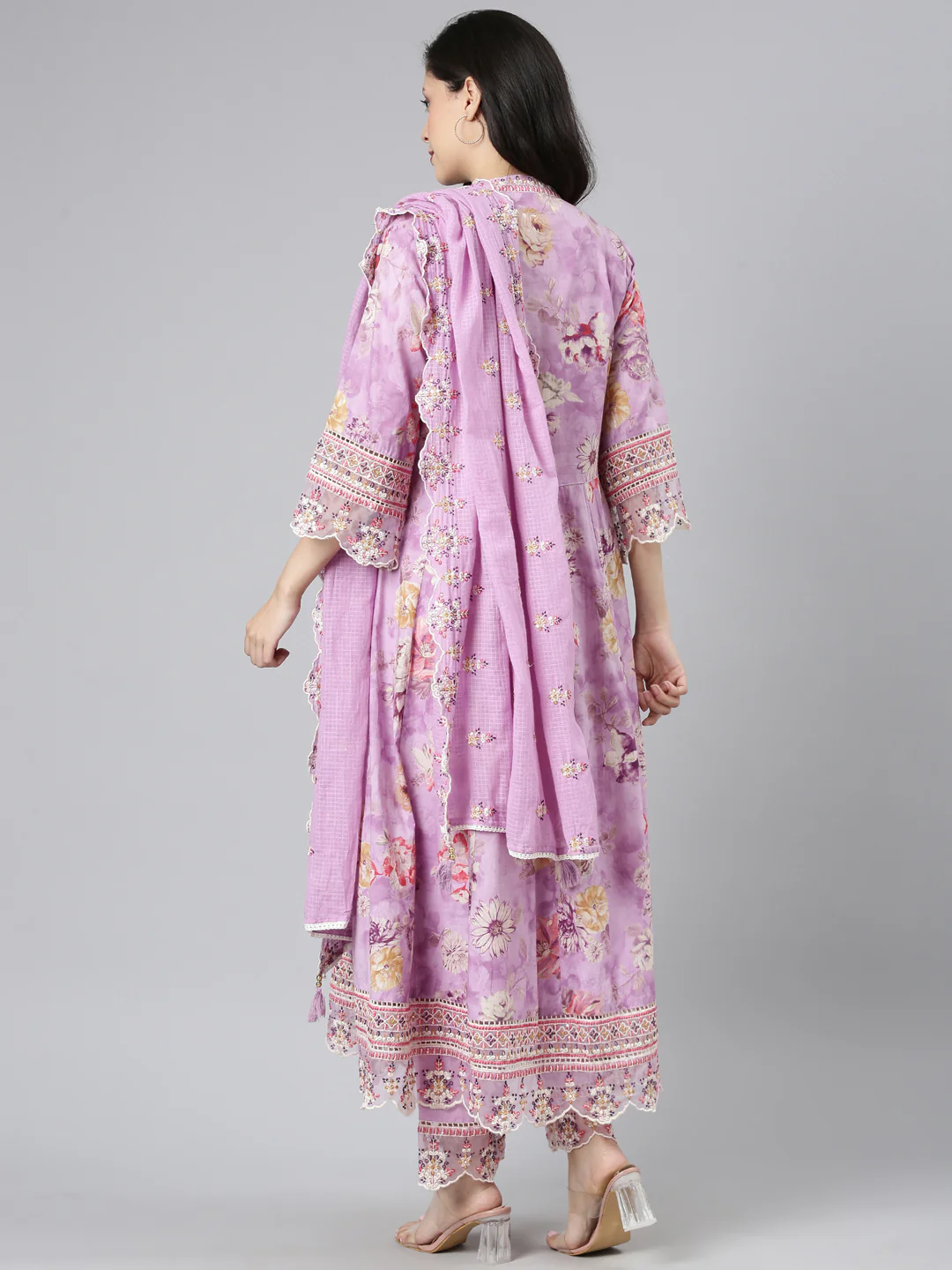 Neerus Lavender Embroidered Anarkali Kurta and Trousers With Dupatta - Image 3