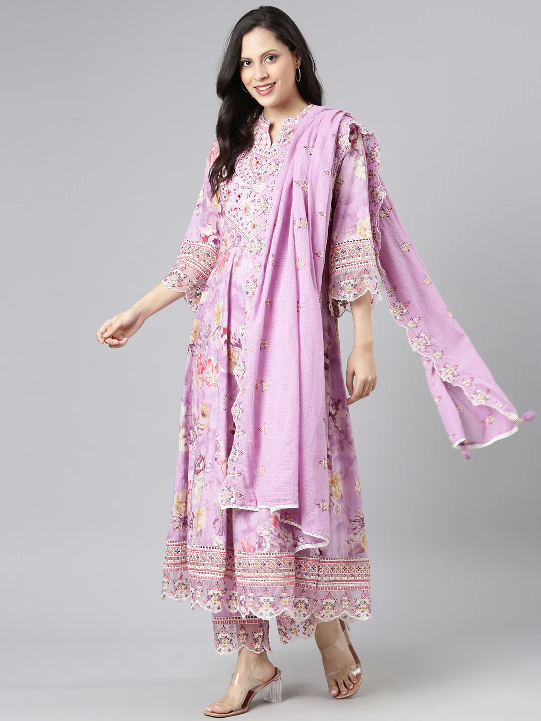 Neerus Lavender Embroidered Anarkali Kurta and Trousers With Dupatta - Image 5