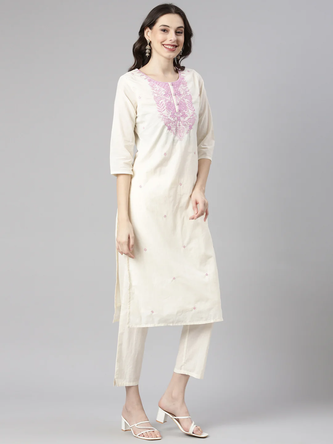 Neerus Lavender Embroidered Straight Kurta and Trousers With Dupatta - Image 2