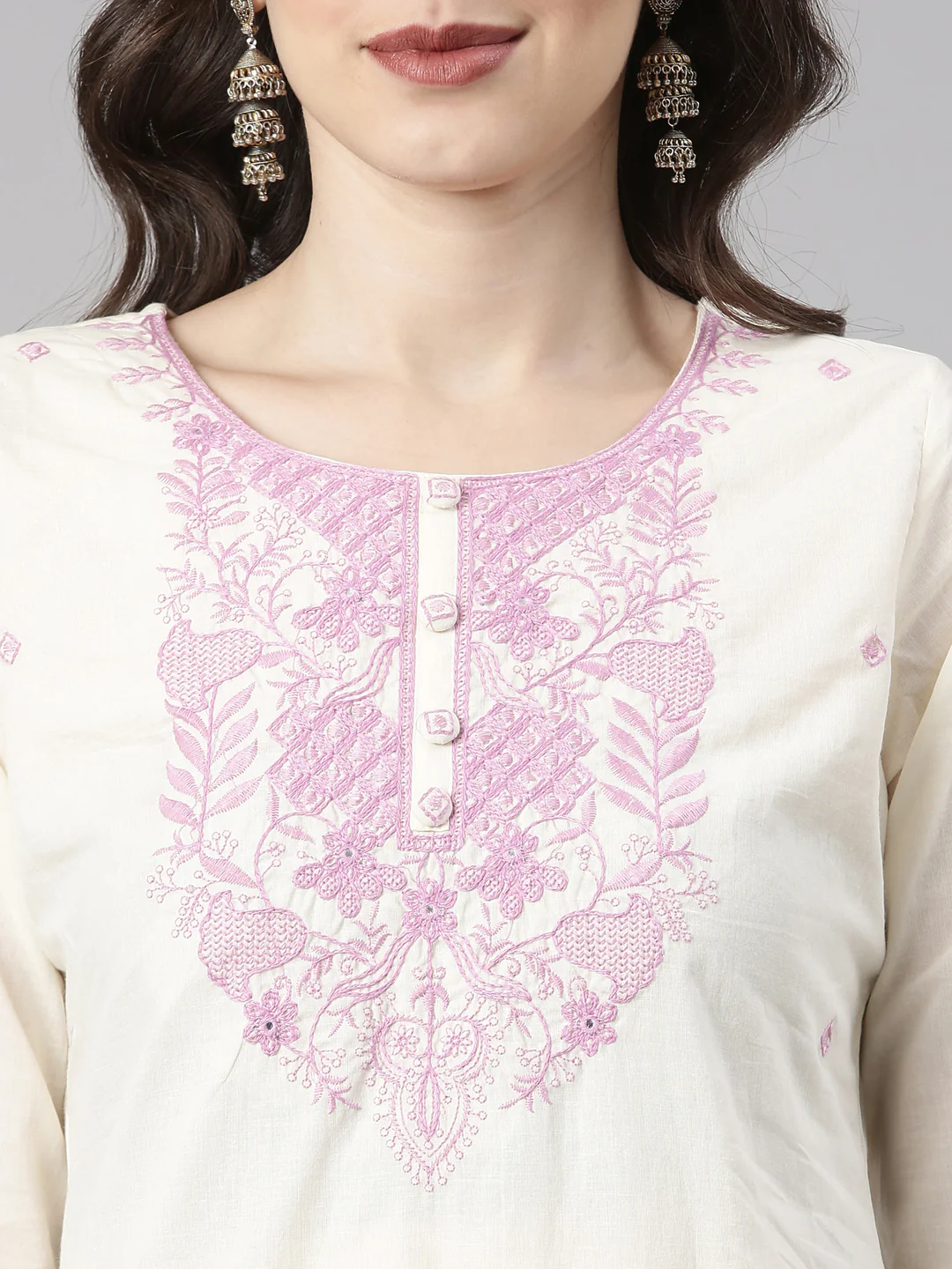 Neerus Lavender Embroidered Straight Kurta and Trousers With Dupatta - Image 4