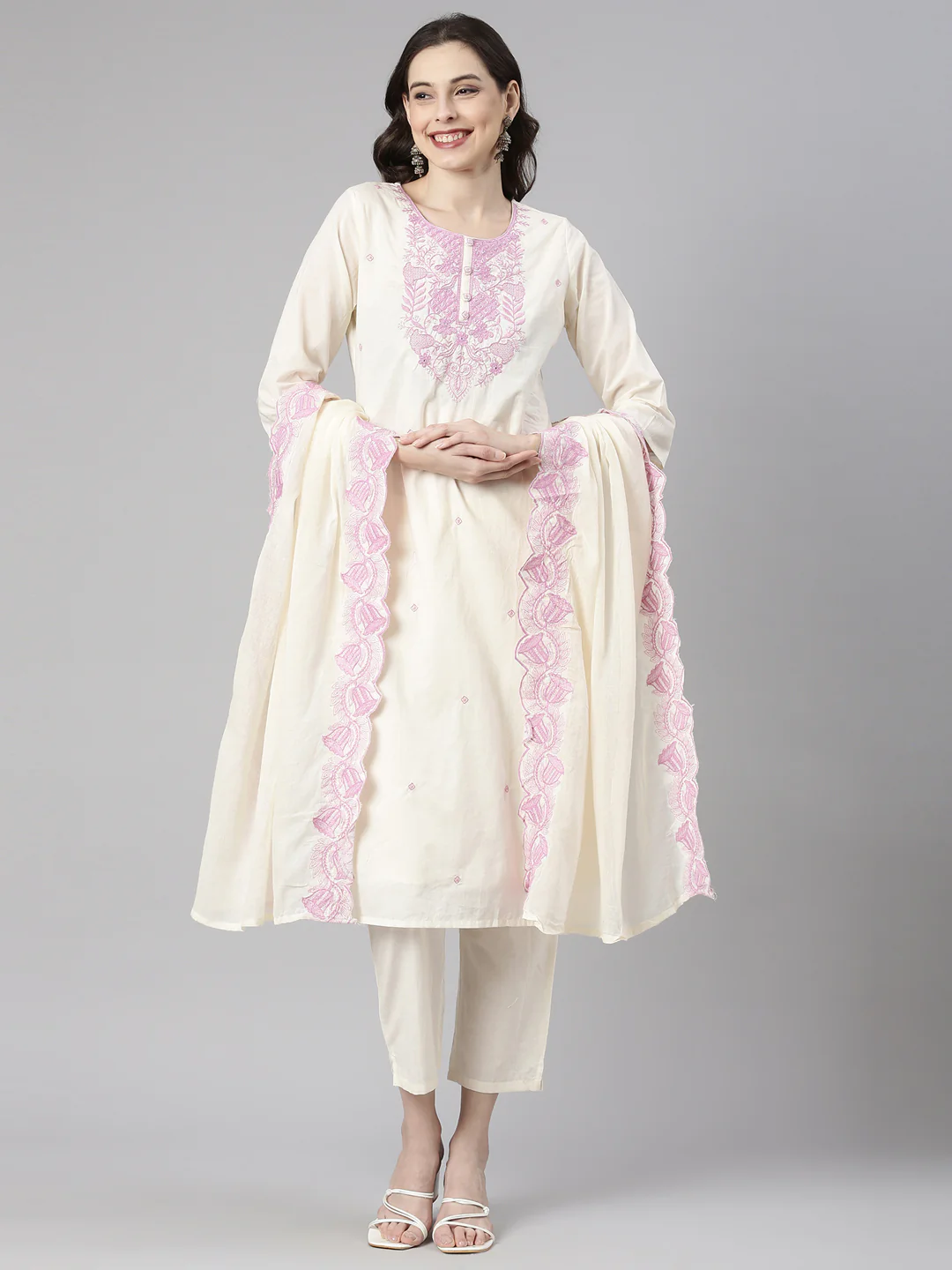Neerus Lavender Embroidered Straight Kurta and Trousers With Dupatta - Image 5