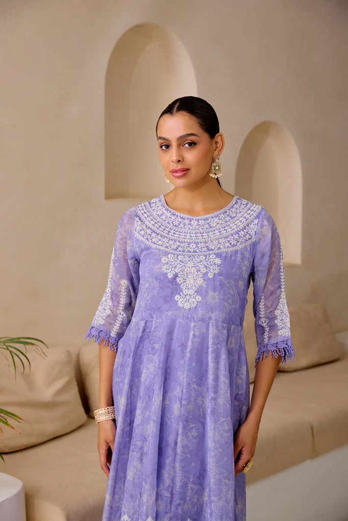 Neerus Lavender Flared Emblleshied Kurta And Trousers With Dupatta - Image 4