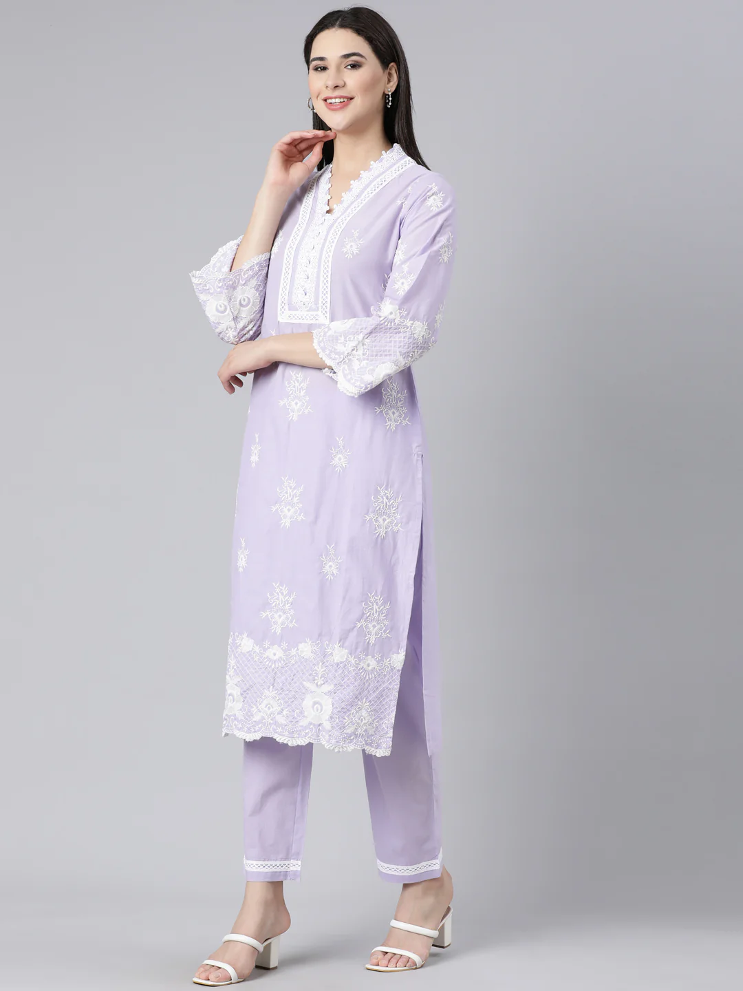 Neerus Lavender Panelled Straight Yoke Design Kurta And Trousers With Dupatta - Image 2
