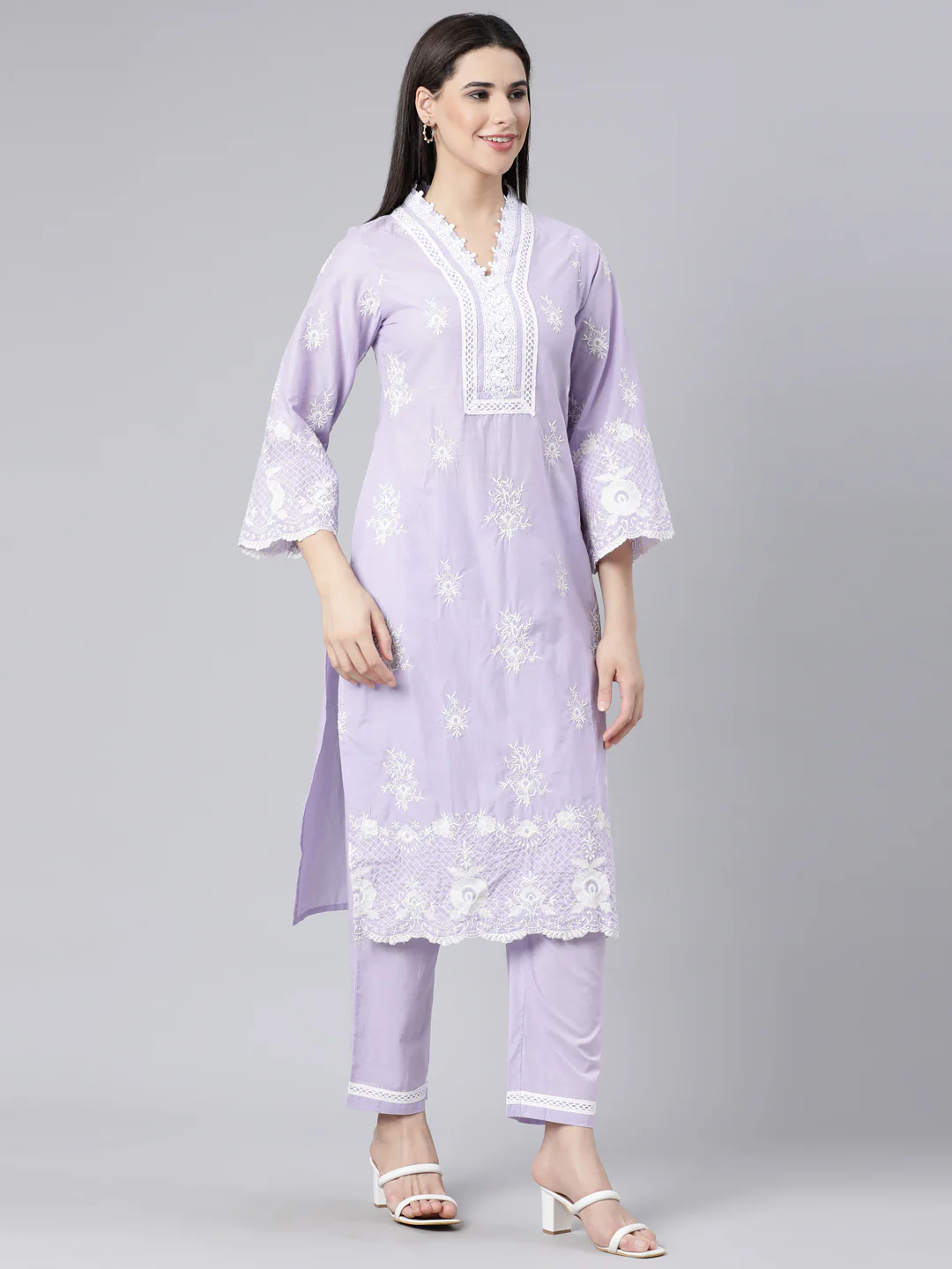 Neerus Lavender Panelled Straight Yoke Design Kurta And Trousers With Dupatta - Image 3