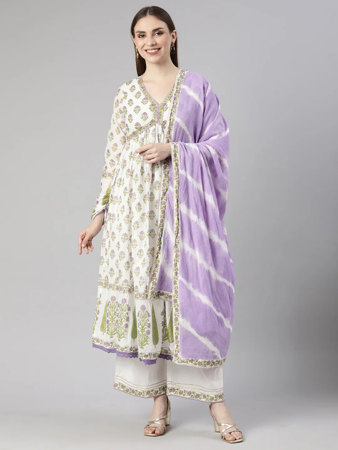 Neerus Lavender Pleated Straight Floral Kurta And Palazzos With Dupatta