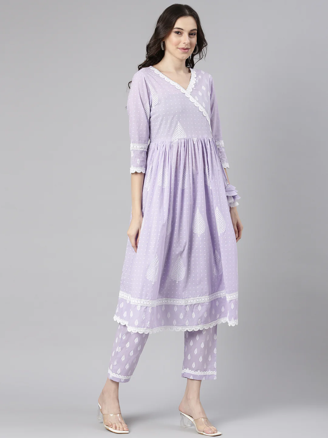 Neerus Lavender Printed Anarkali Kurta and Trousers With Dupatta and with bag - Image 3