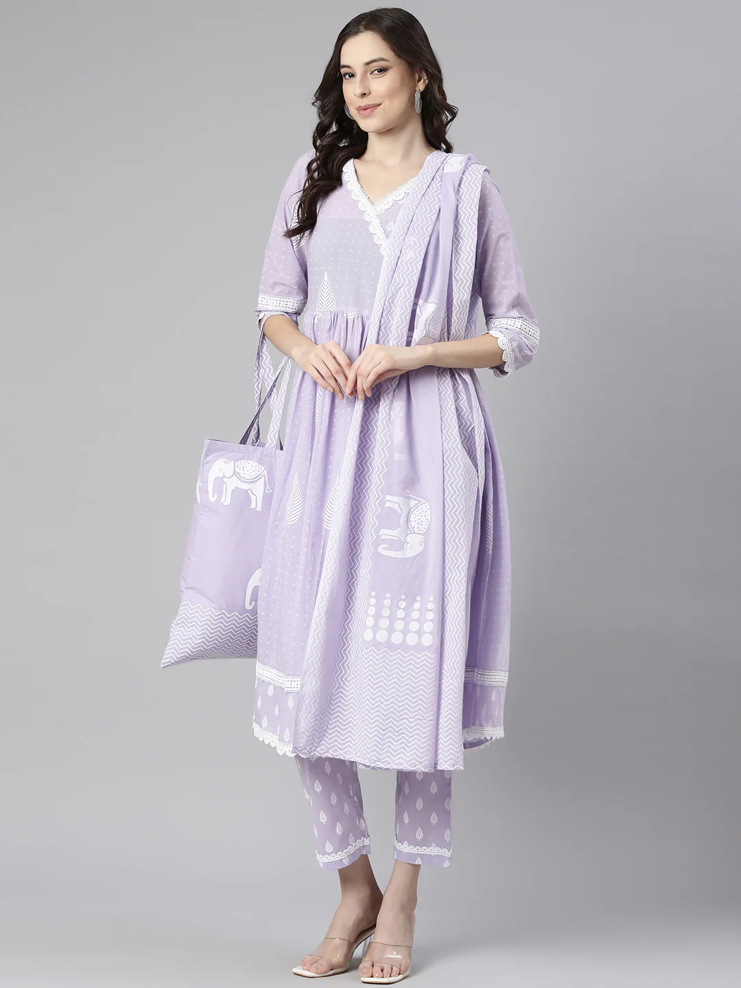 Neerus Lavender Printed Anarkali Kurta and Trousers With Dupatta and with bag - Image 5