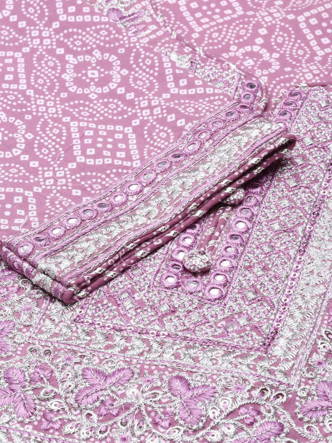 Neerus Lavender Regular Knee Length Printed Kurta Solid Trousers With Dupatta - Image 5