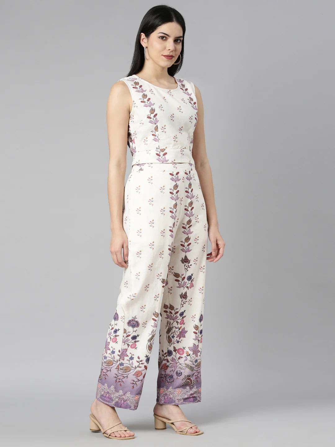 Neerus Lavender Regular Straight Floral Top And Trousers - Image 2