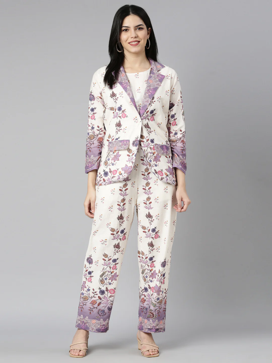 Neerus Lavender Regular Straight Floral Top And Trousers - Image 5
