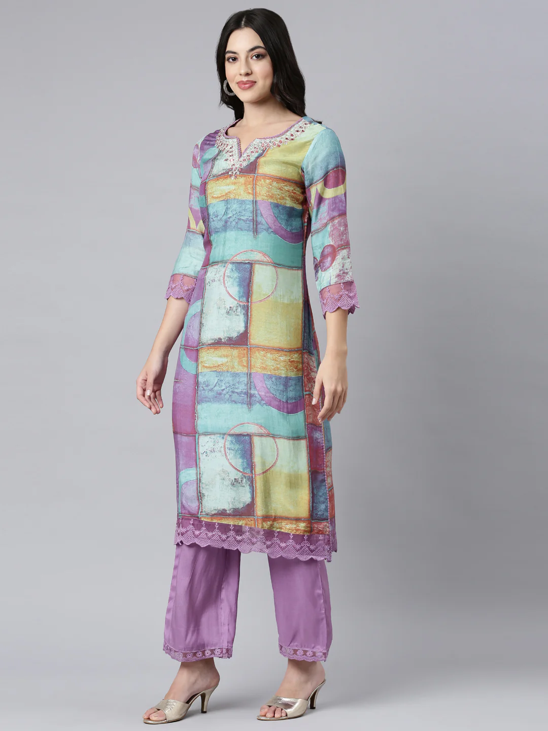 Neerus Lavender Regular Straight Geometric Kurta And Trousers With Dupatta - Image 2