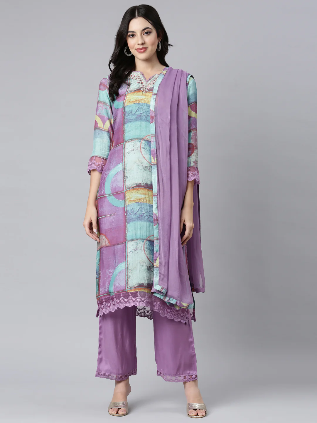 Neerus Lavender Regular Straight Geometric Kurta And Trousers With Dupatta - Image 5