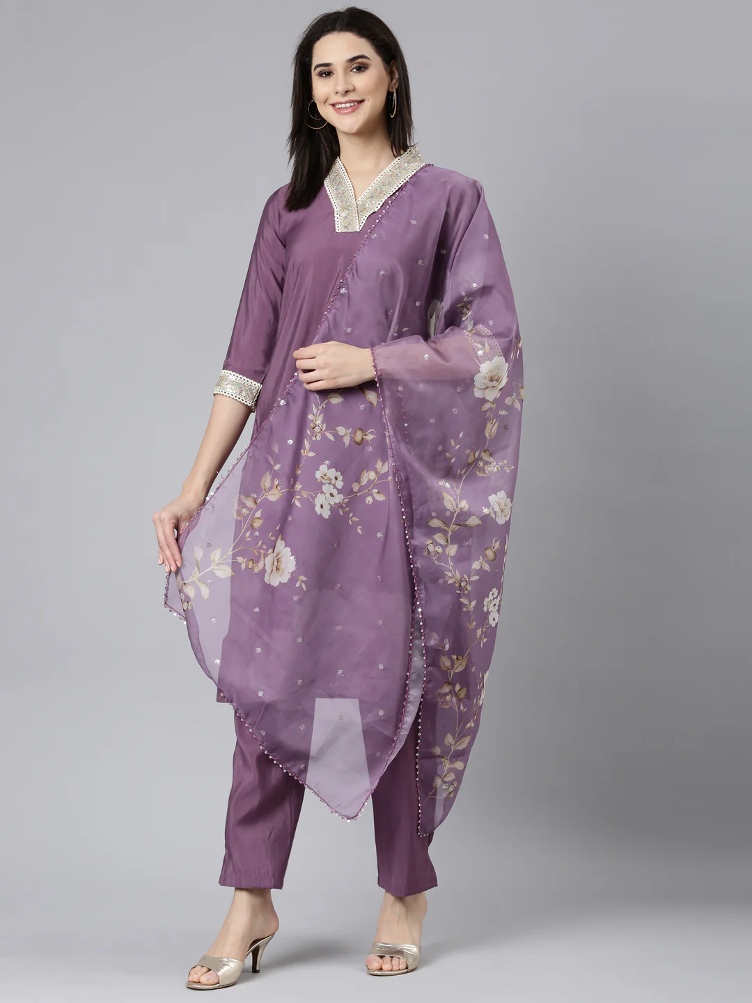 Neerus Lavender Regular Straight Solid Kurta And Trousers With Dupatta - Image 5