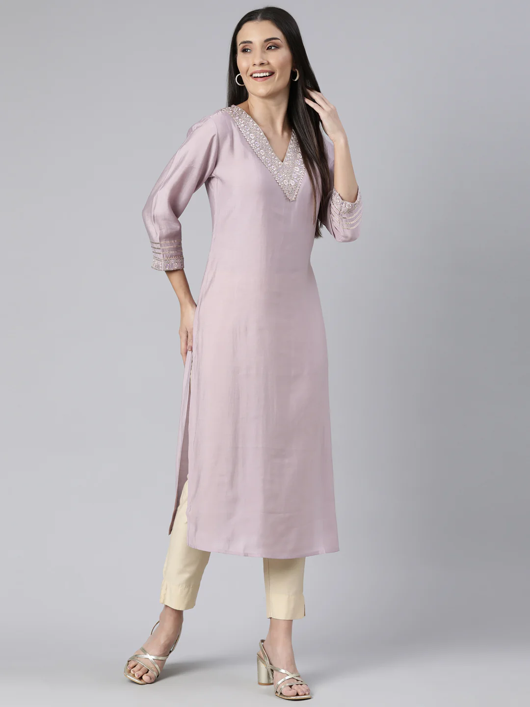 Neerus Lavender Regular Straight Solid Kurta - Image 5