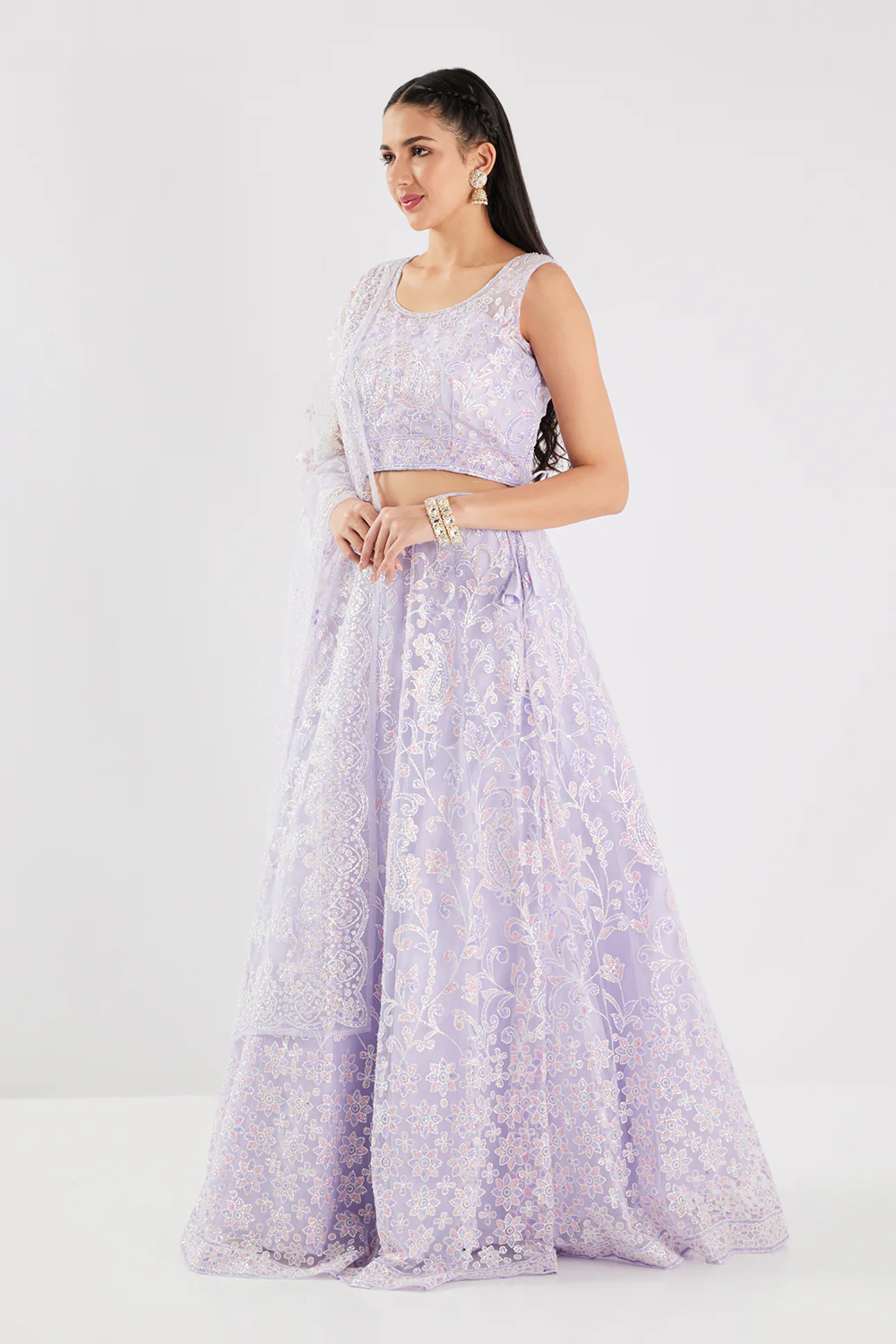 Neerus Lavender Sequence and Embroidered Work Net Fabric Ghagra Set - Image 2