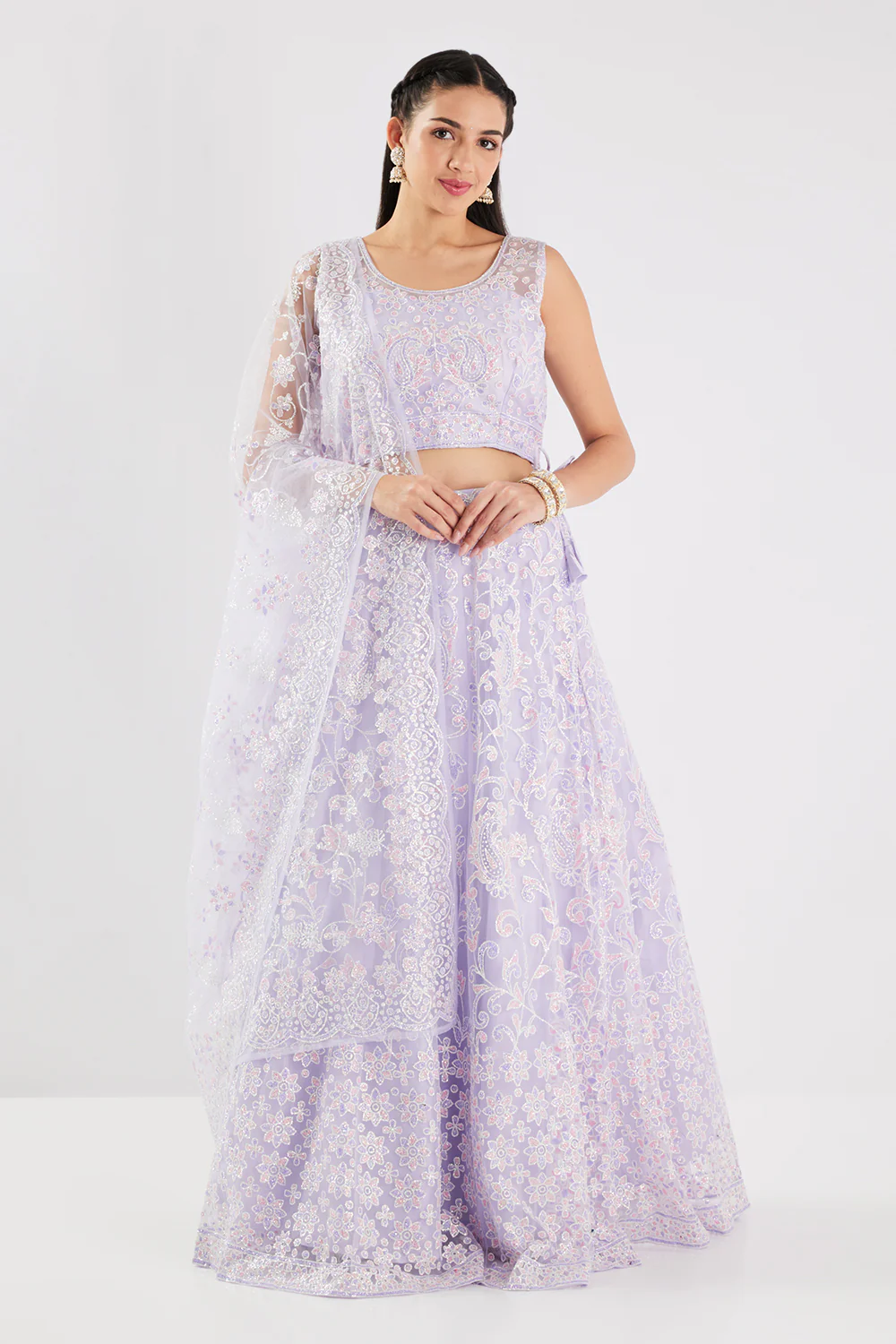 Neerus Lavender Sequence and Embroidered Work Net Fabric Ghagra Set - Image 3