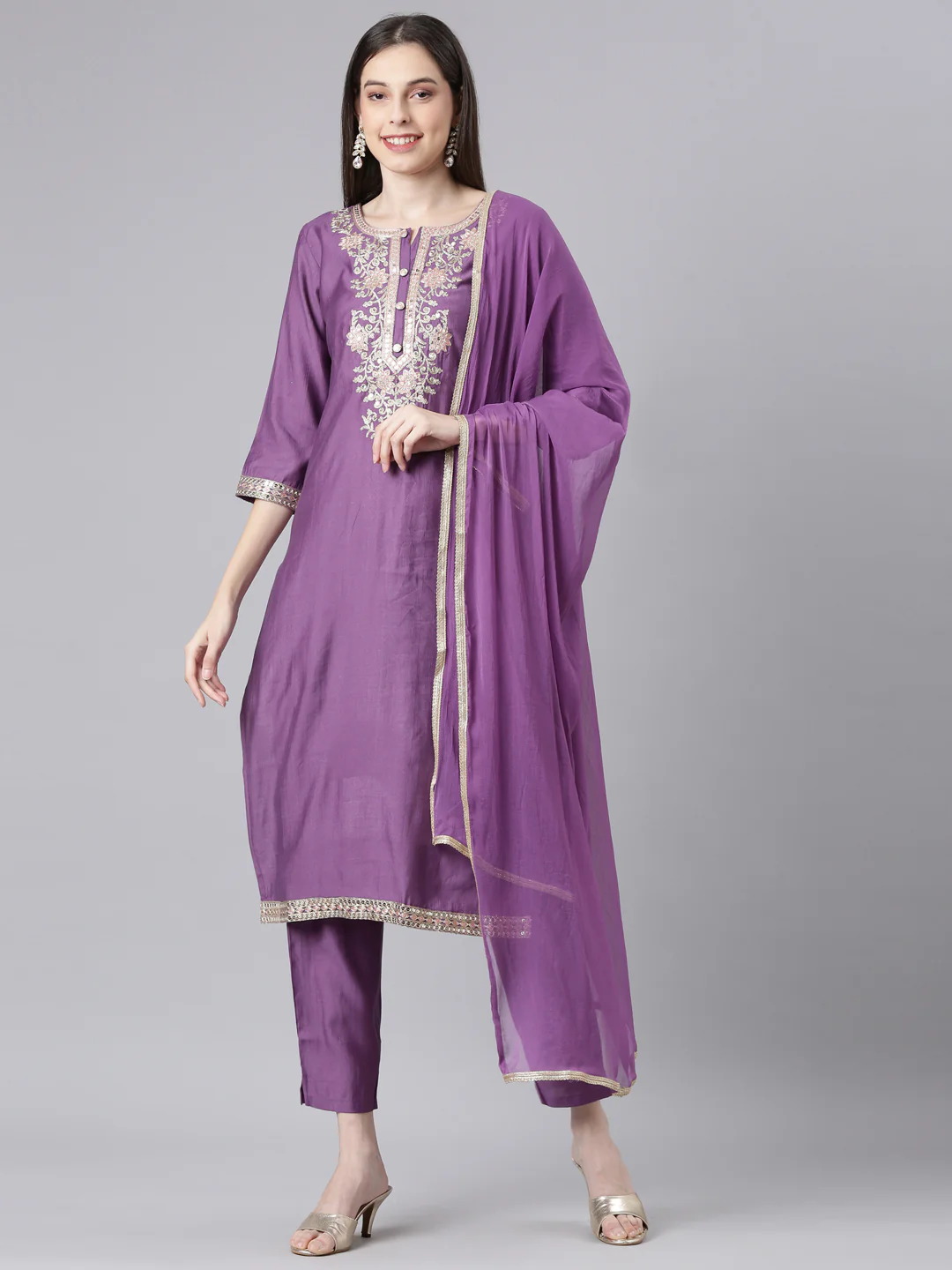 Neerus Lavender Solid Straight Kurta and Trousers With Dupatta