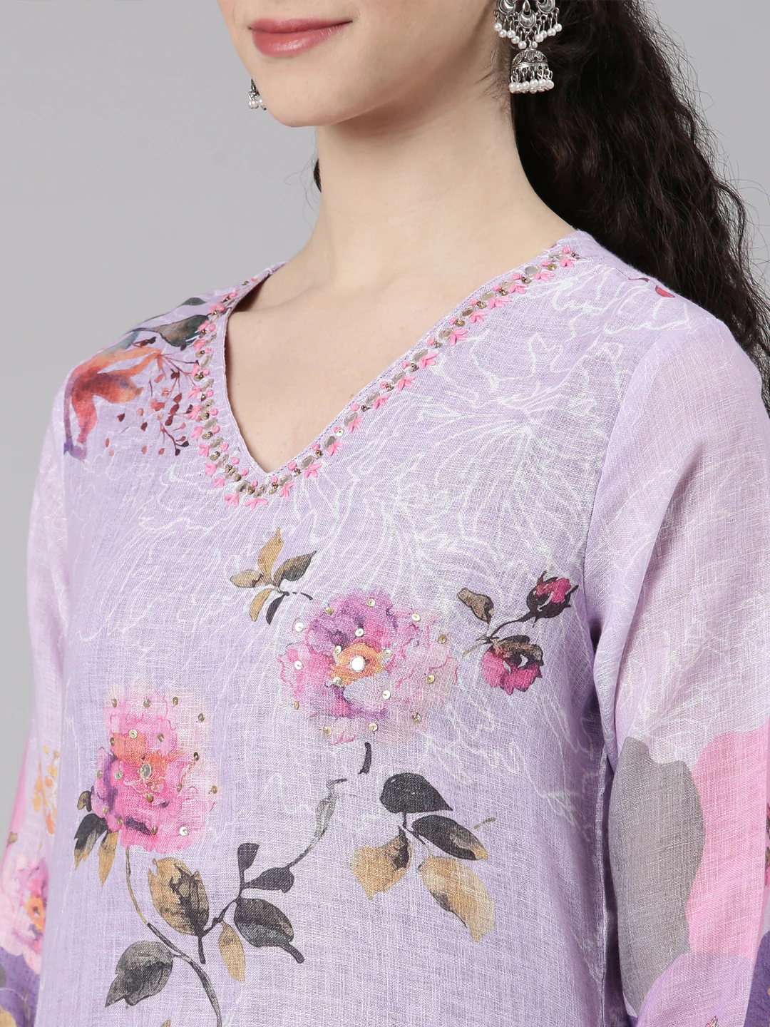 Neerus Lavender Straight Casual Floral Kurta and Trouser with Dupatta - Image 5