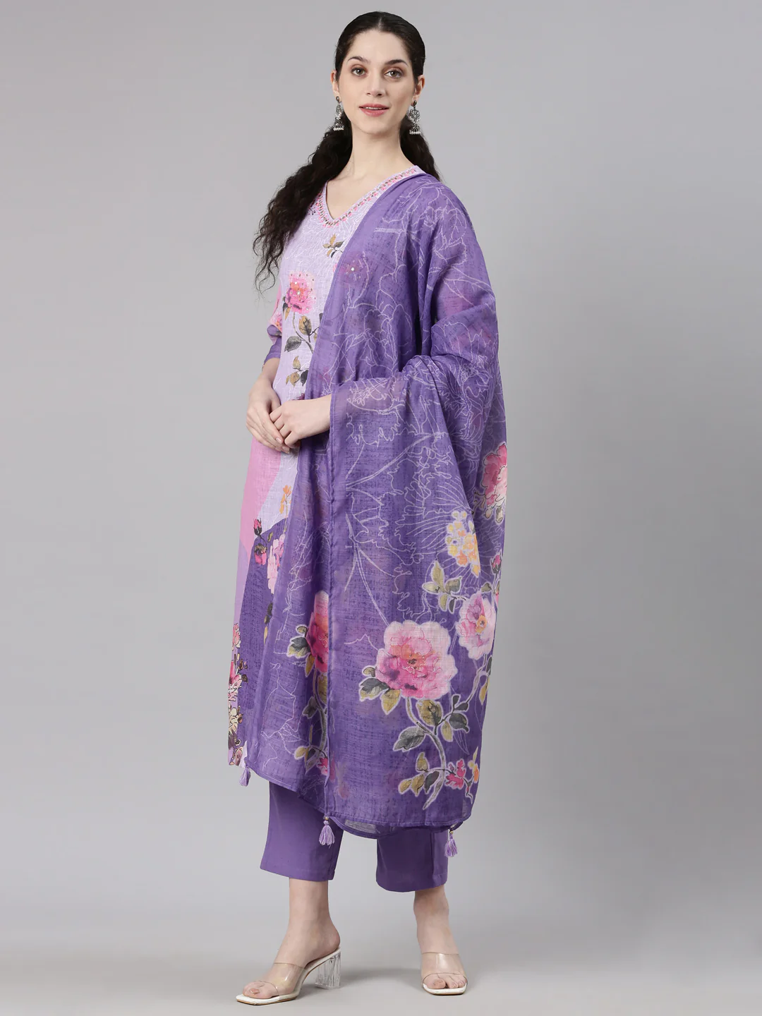Neerus Lavender Straight Casual Floral Kurta and Trouser with Dupatta - Image 6