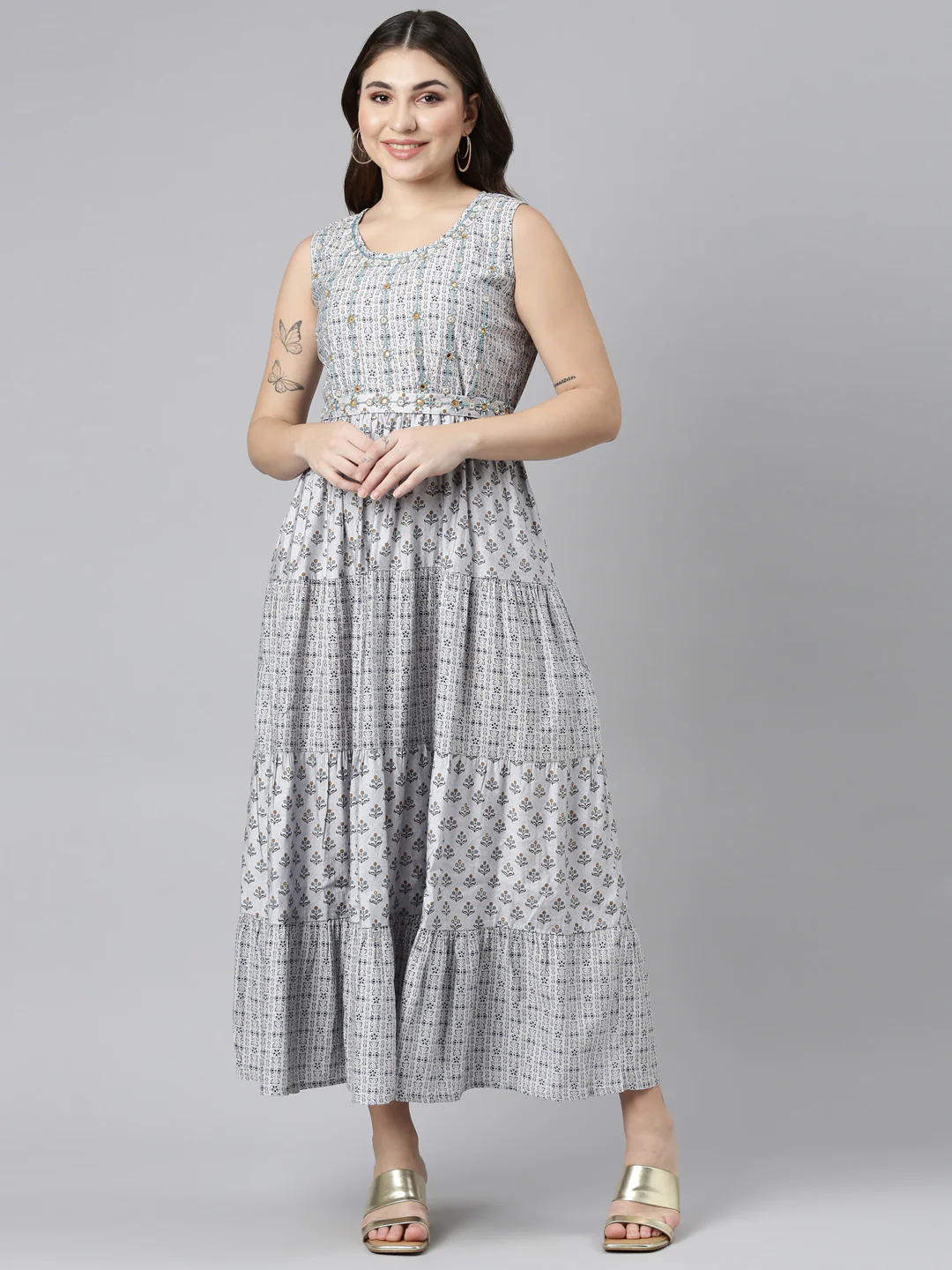 Neerus Lavender Straight Casual Printed Dress
