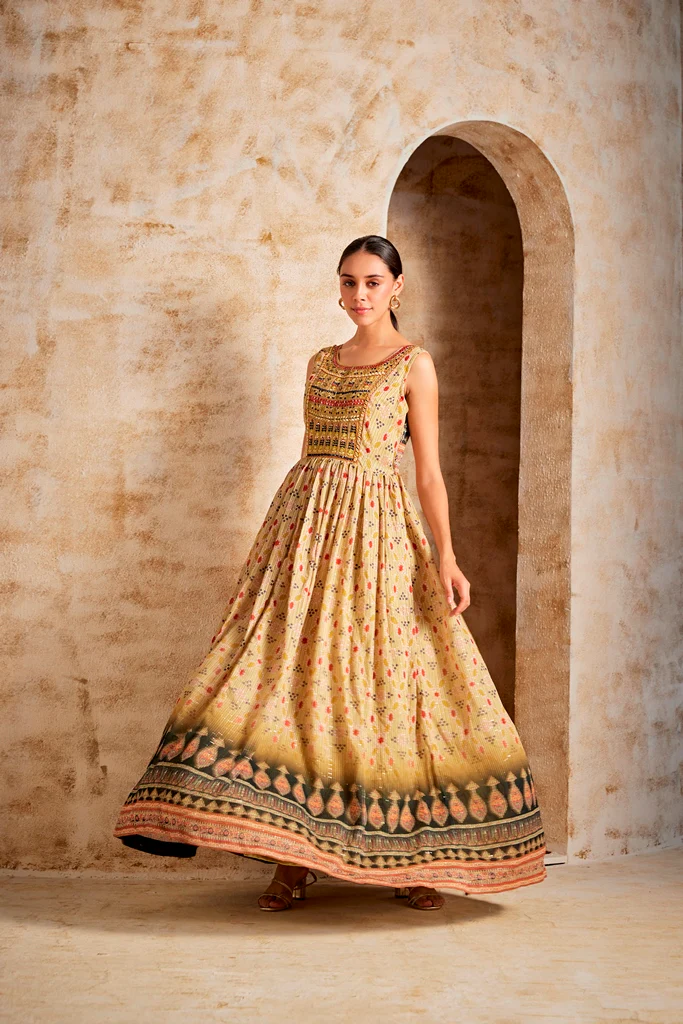 Neerus Lemon Color Banaras Fabric Gown - Image 4