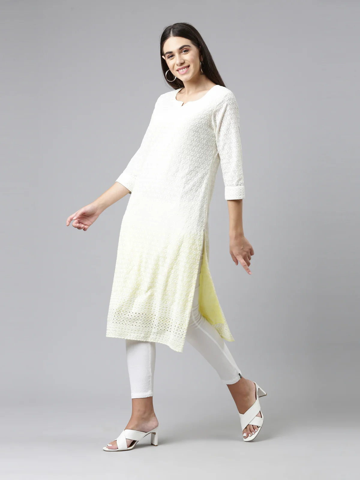 Neerus Lemon Color Chiken Fabric Kurta - Image 2