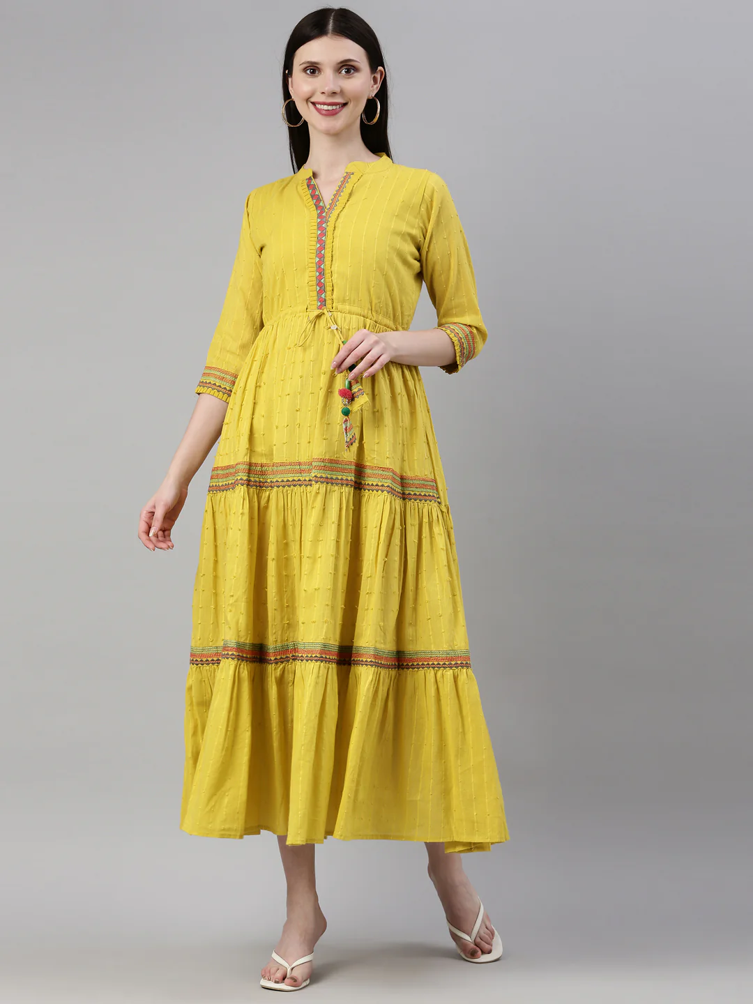 Neerus Lemon Color Cotton Fabric Dress