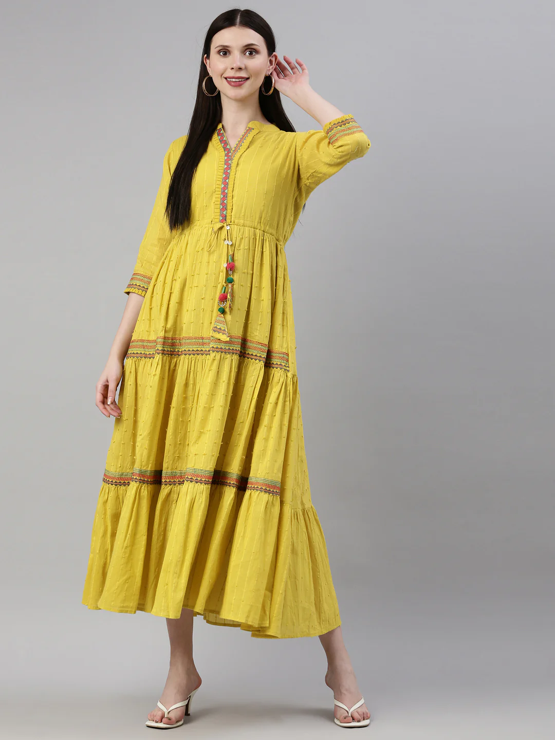 Neerus Lemon Color Cotton Fabric Dress - Image 6