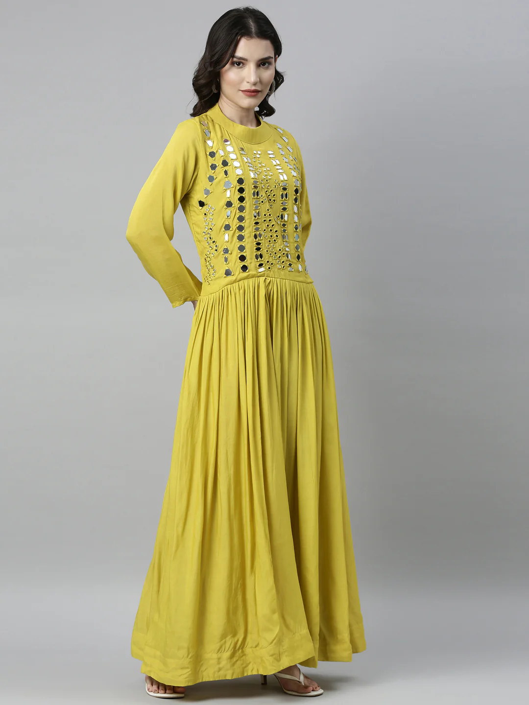 Neerus Lemon Color Muslin Fabric Kurta - Image 4