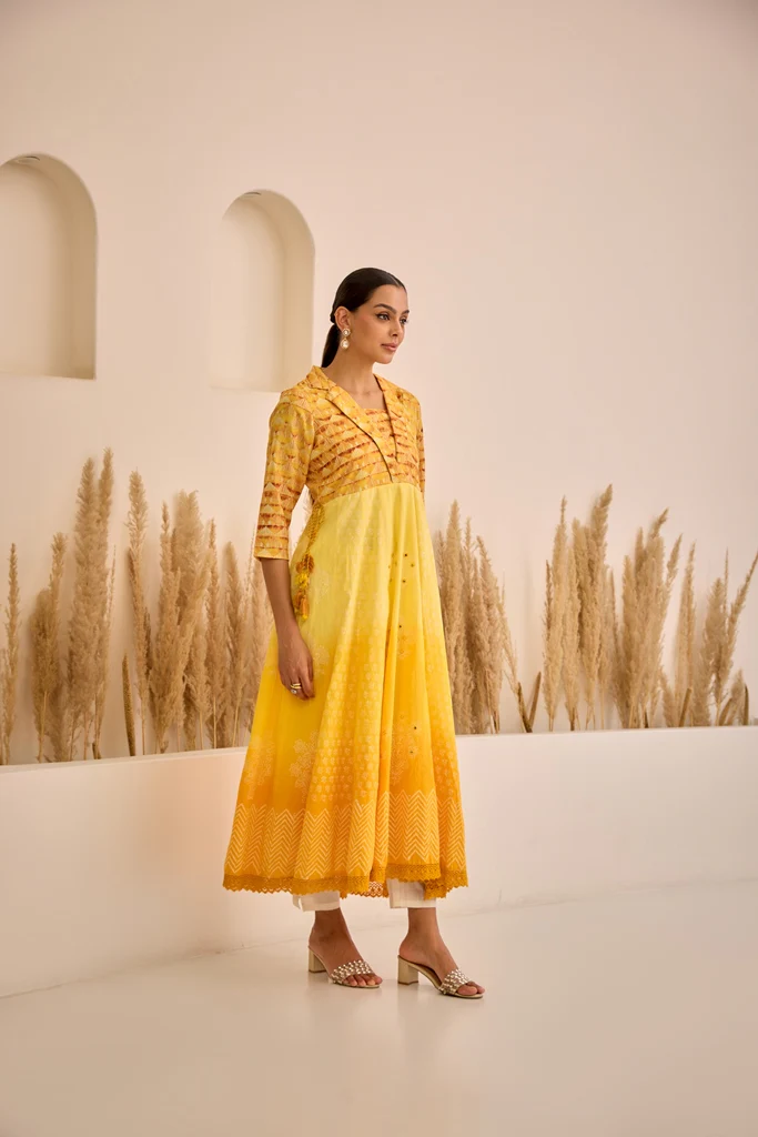 Neerus Lemon Curved Embroidered Dress. - Image 2