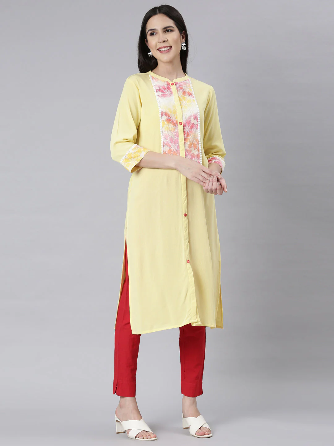 Neerus Lemon Panelled Straight Floral Kurta