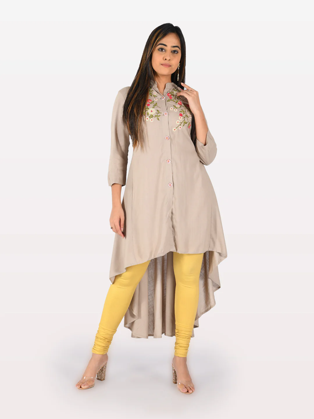 Neerus Light Khaki Embroidered High Low Kurta - Image 6